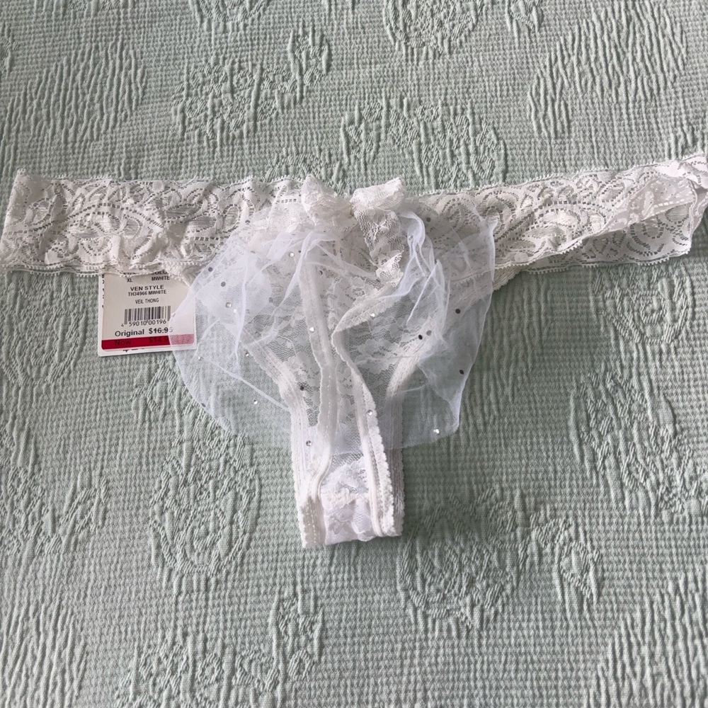 XL  White Lace Thong with Tulle Accent for Bride